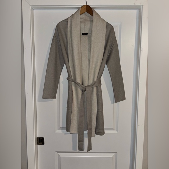 Theory Grey & Cream Belted Long Cardigan Size Small - Picture 1 of 5